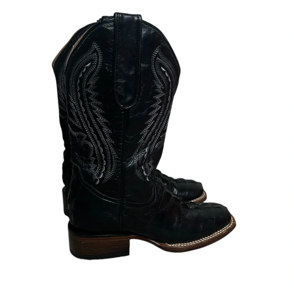 Tanner Mark Caiman Tail Print Embossed Cowboy Boot ( Black ) Kids Size 4